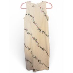 Talbots Petites‎ Cream Linen Blend Floral Embroidered Sheath Midi Dress Size 4P